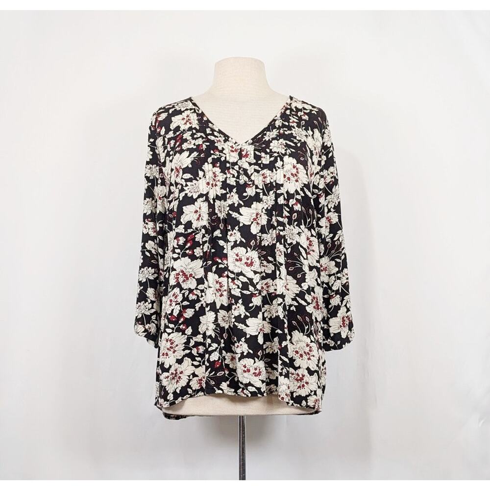 Fun2Fun Top Stitch Fix Black Floral Pintuck Pleats Blouse Women's Size 1X
